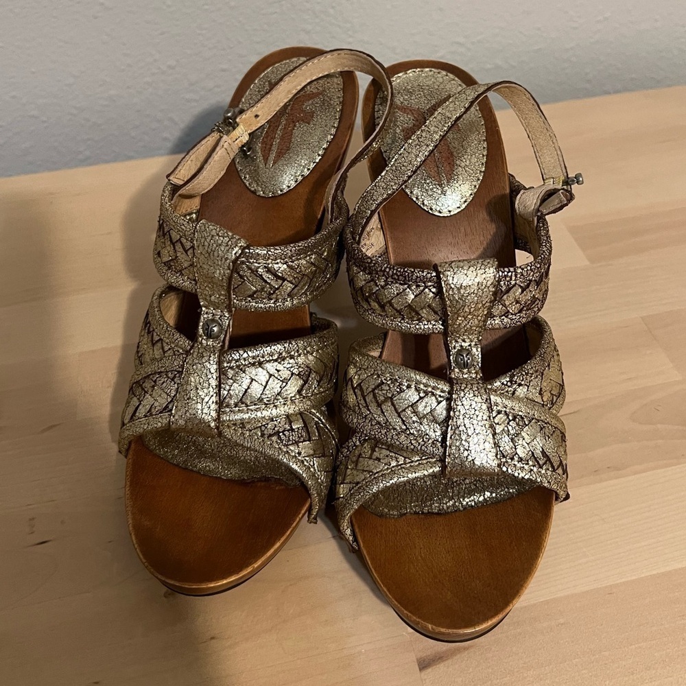 Frye Metallic Gold Braided Leather High Heel Sandals - Picture 2 of 8